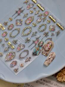 1片金屬質感花卉框架美甲貼紙，5D古典裝飾美甲飾品，美甲裝飾配件，手工美甲貼花，美甲甲片，美甲局部貼，適合女孩和女性的最佳美甲用品，Y2K美甲藝術，夏季美甲甲片 - 彩色 - 查看 4