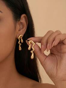 Einzigartige asymmetrische Wassertropfen-förmige Wellendesign Ohrstecker für Frauen und Mädchen, Schmuck | Sommer Boho Strand Schmuck - Gold - Übersicht 2