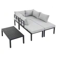 Garden Dining Set, Garden Furniture Set, Garden Lounge Chair Set With Galvanized Iron Frame, 6 Seats, Adjustable Feet, Removable Backrest, Modular Sofa, Galvanized Iron Tabletop, Grey - 灰色 - 查看 7