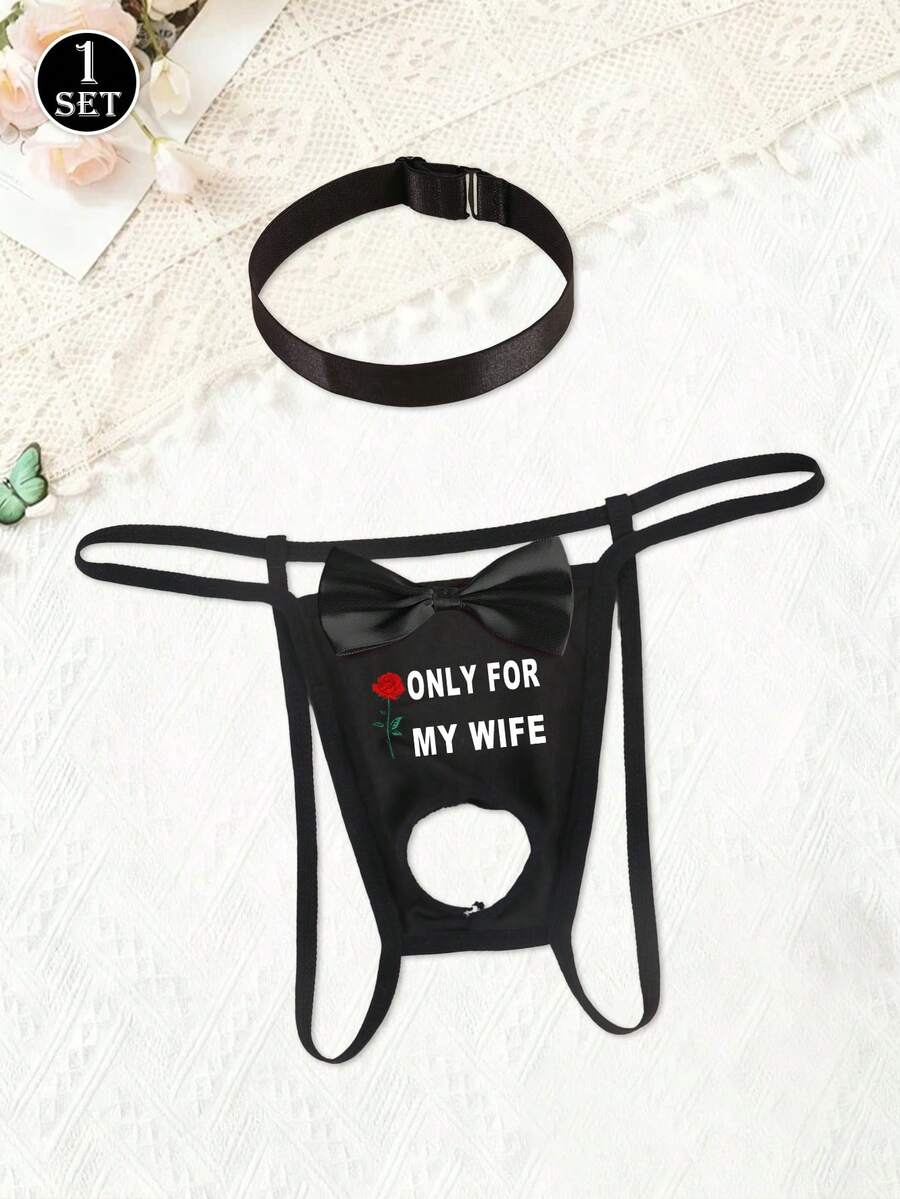 Men's Handsome Bowknot Black Comfortable Sexy Print Letter Rose Pattern Thong With Neck Collar - Black - View 1