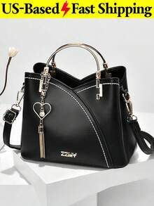 Casual Business Metal Decor Handbag For Women Stylish Crossbody Bag With Tassel Charm Top Handle Shoulder Tote Elegant Black Purse  For Travel Work - 彩色 - 查看 1