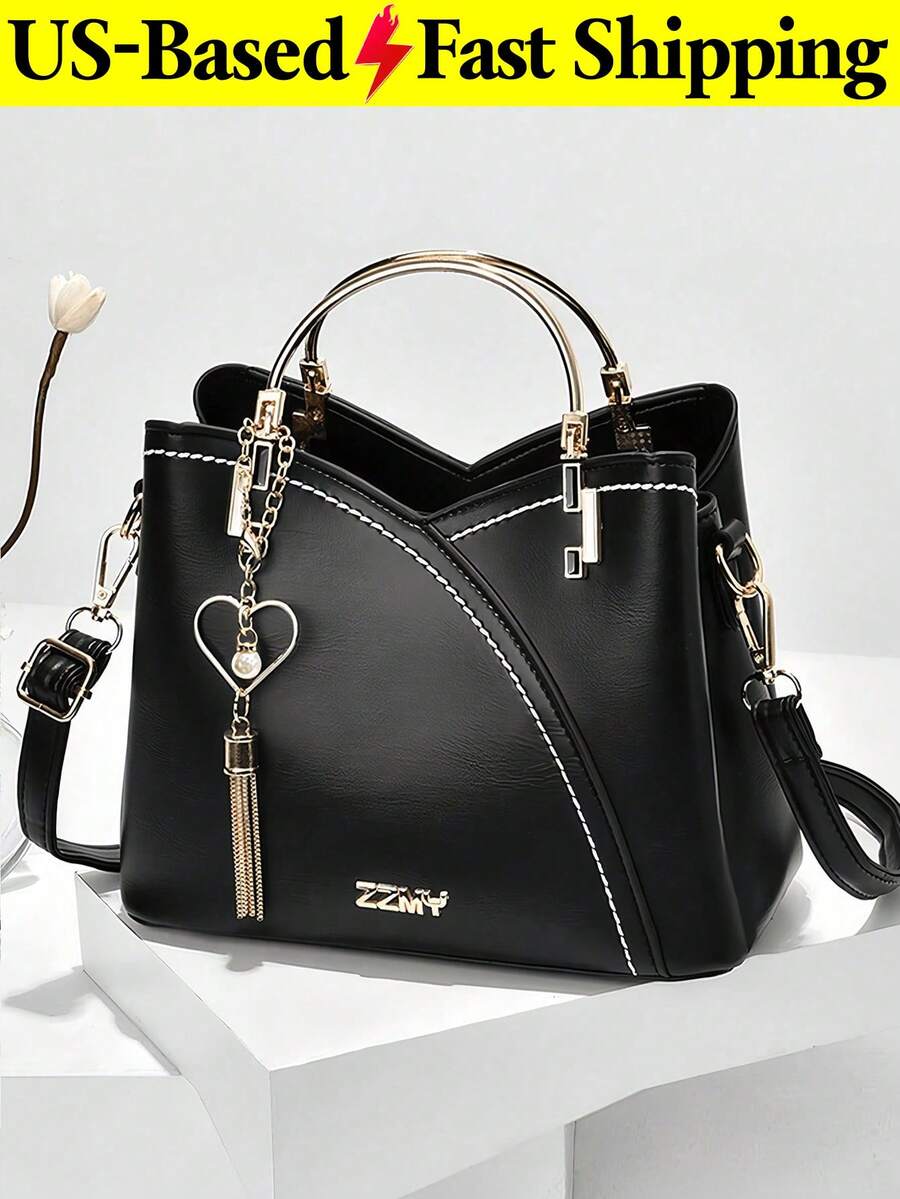 Casual Business Metal Decor Handbag For Women Stylish Crossbody Bag With Tassel Charm Top Handle Shoulder Tote Elegant Black Purse For Travel Work - 彩色 - 查看 1
