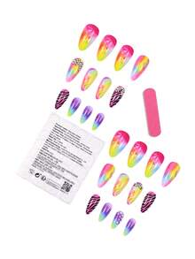 24PCS Press On Nails Medium Almond Shaped Colorful Gradient False Nails With Rhinestones Design Artificial Acrylic Nails Almond Stick On Nails Full Cover Coffin Nails Reusable On Nails For Women - 彩色 - 查看 5
