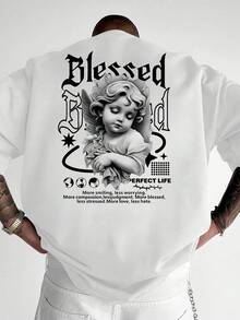 Men's Casual T-Shirt With Double-Sided Print, Black And White Angel Design, 100% Polyester, Stylish Casual Crew Neck Top, Men's Spring Clothing - 白色 - 查看 2