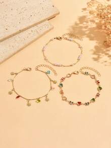 3pcs/Set Minimalist Premium Daisy Rhinestone Tassel Chain Heart Butterfly Rhinestone Chain With Faux Pearl Anklet Set, Fashionable Exquisite Women's Foot Jewelry, Suitable For Daily Wear, Summer Vacation, Beach Party, Music Festival, Handmade Chain Cut By Section, Random Rhinestone Color Arrangement - Multicolor - View 2