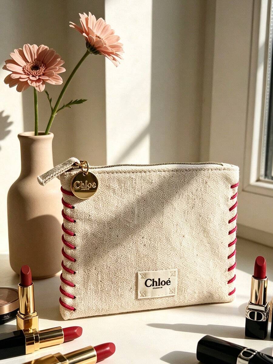 Chloé Fine Sewing Craft Fabric Makeup Pouch Luxury Plain Design For Party Daily Outfit CHLOE-GIFT-13 - Champagne - View 1