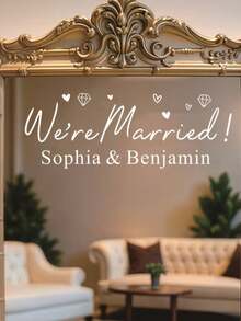 We're Married! We're Married! Customized Newlywed Couple Name Wall Sticker, Romantic Heart-Shaped Diamond Pattern Wedding Mirror Sticker, Elegant Cursive Waterproof Removable Wall Decor, Sweet Newlywed Bedroom Background Sticker - Multicolor 14 - View 5