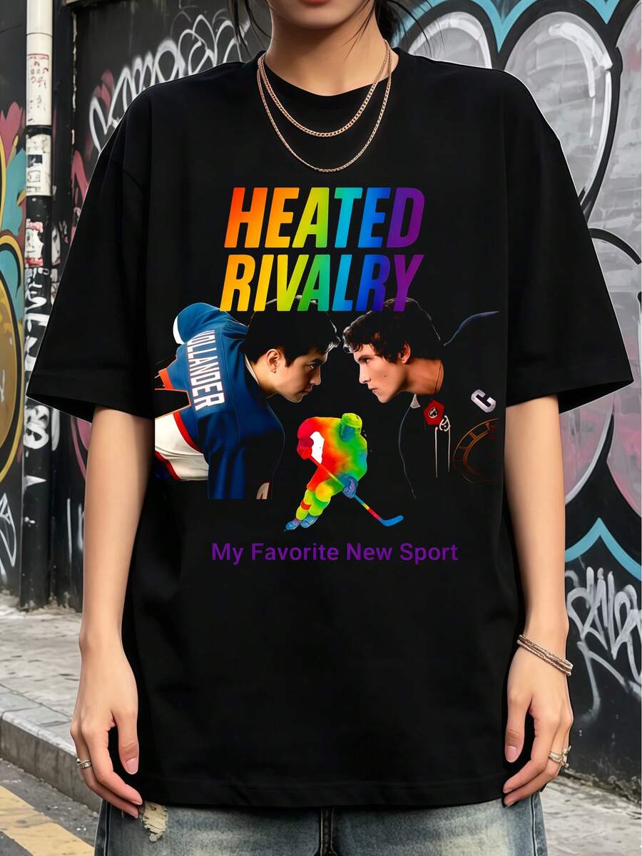 Heated Rivalry Fire Ice Rivals Hollander Rozanov Love. Soft Fabric Loose Fit Everyday Leisure T-Shirt - 黑色 - 查看 1