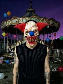 1pc Halloween Scary Clown Mask Latex Head Cover Red Hair Split Mouth Clown Cosplay Haunted House Escape Room Prop - View 5