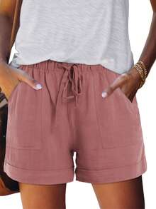 Women's Casual Shorts With Adjustable Drawstring, Elastic Waistband, Solid Color, Lightweight, For Summer Beach, With Pockets - 乳白色 - 查看 11