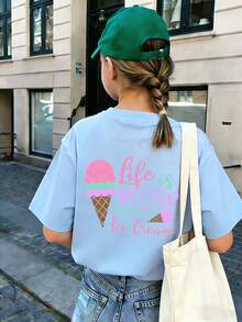 Tween Girl Casual Fun Print Crew Neck Pullover Short Sleeve T-Shirt Summer Top - Baby Blue - View 2