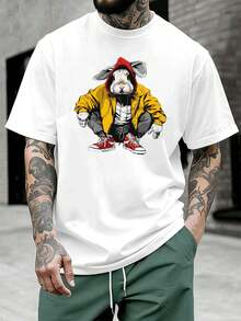 Men's T-Shirt With Eye-Catching Rabbit Graphic, Crew Neck, Loose Fit, Hip-Hop Street Style, Comfortable, Art Print. - White - View 1