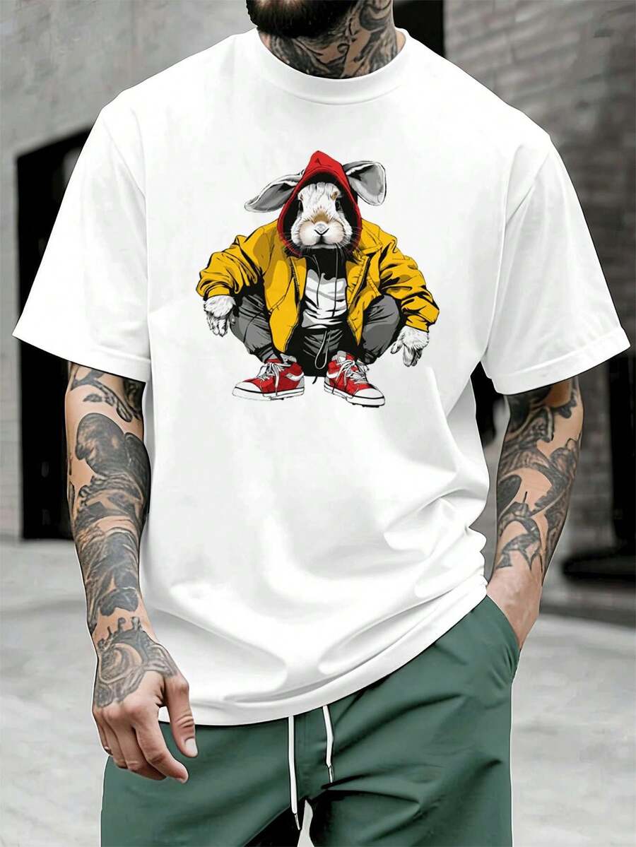 Men's T-Shirt With Eye-Catching Rabbit Graphic, Crew Neck, Loose Fit, Hip-Hop Street Style, Comfortable, Art Print. - White - View 1