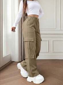 Stylish And Cute Y2K Style Cargo Pants With Multiple Pockets And Buttons, Brown, Lightweight, Suitable For Back To School, Graduation, Club, Birthday Party - Dark Khaki - View 11