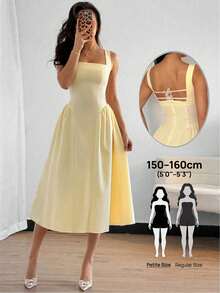 Petite Vestido midi de línea A con bordado de mariposa, sin mangas, con tirantes de espagueti, cintura ceñida y espalda descubierta, elegante y romántico, para primavera/verano - Amarillo - Ver 1
