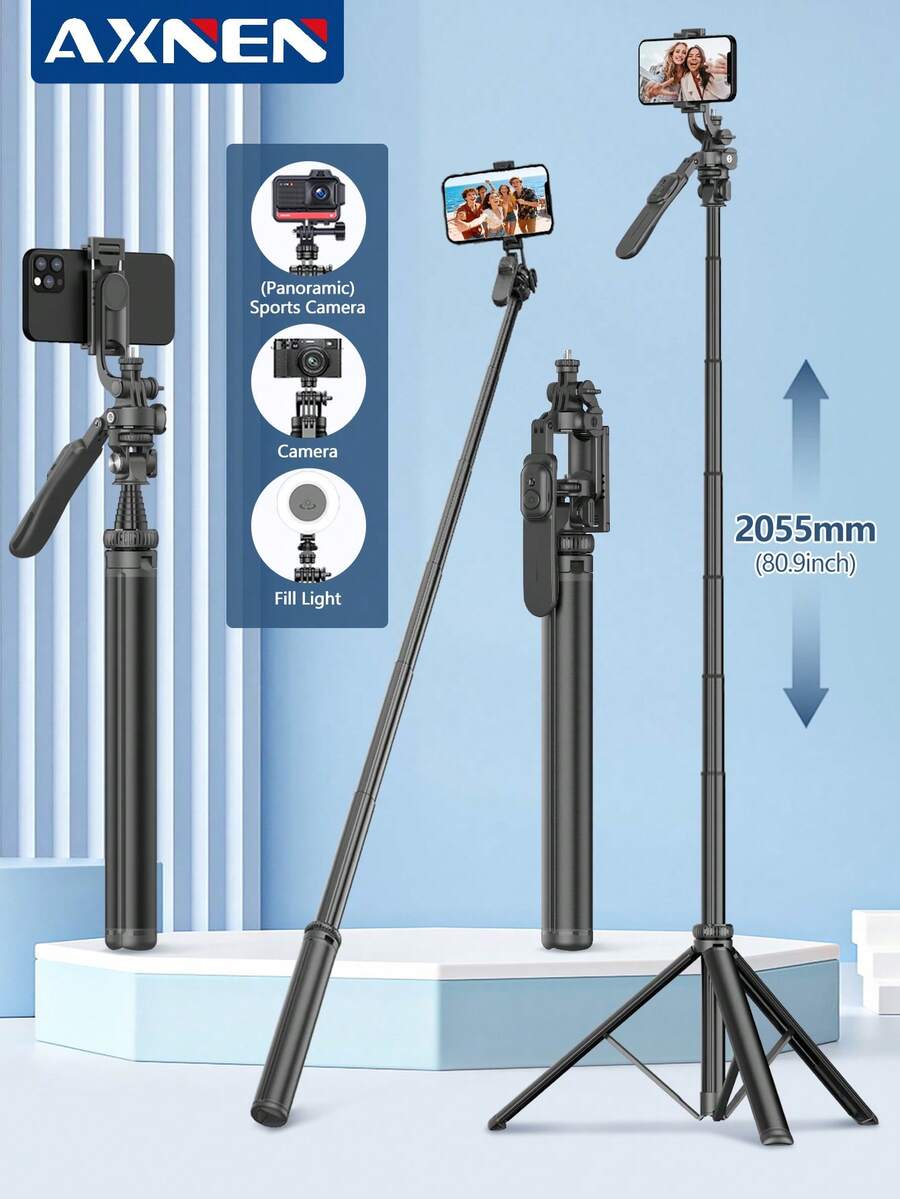 AXNEN 78.74"/2M Extendable Super Long Selfie Stick Tripod,Multi-Angle Rotation Phone Holder With Bluetooth Remote Control,1/4" Screw Interface With Cold Shoe Suitable For Action Camera,Fill Light,Smartphone Live Streaming,Photography,Vlogging.