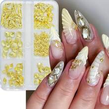 12Grids Summer Metal Nail Art Charms Gold Starfish Conch Tropical Ocean Nail Rhinestones Gold Flatback Nails Gems Diamonds Cute Ocean Theme Designs Nails Jewelry Women Acrylic Nail Supplies - Metallic - 查看 2