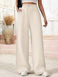 Women's Linen Palazzo Pants, Adjustable Waist With Drawstring, Side Pockets, Casual And Breathable For Vacations - 杏色 - 查看 1