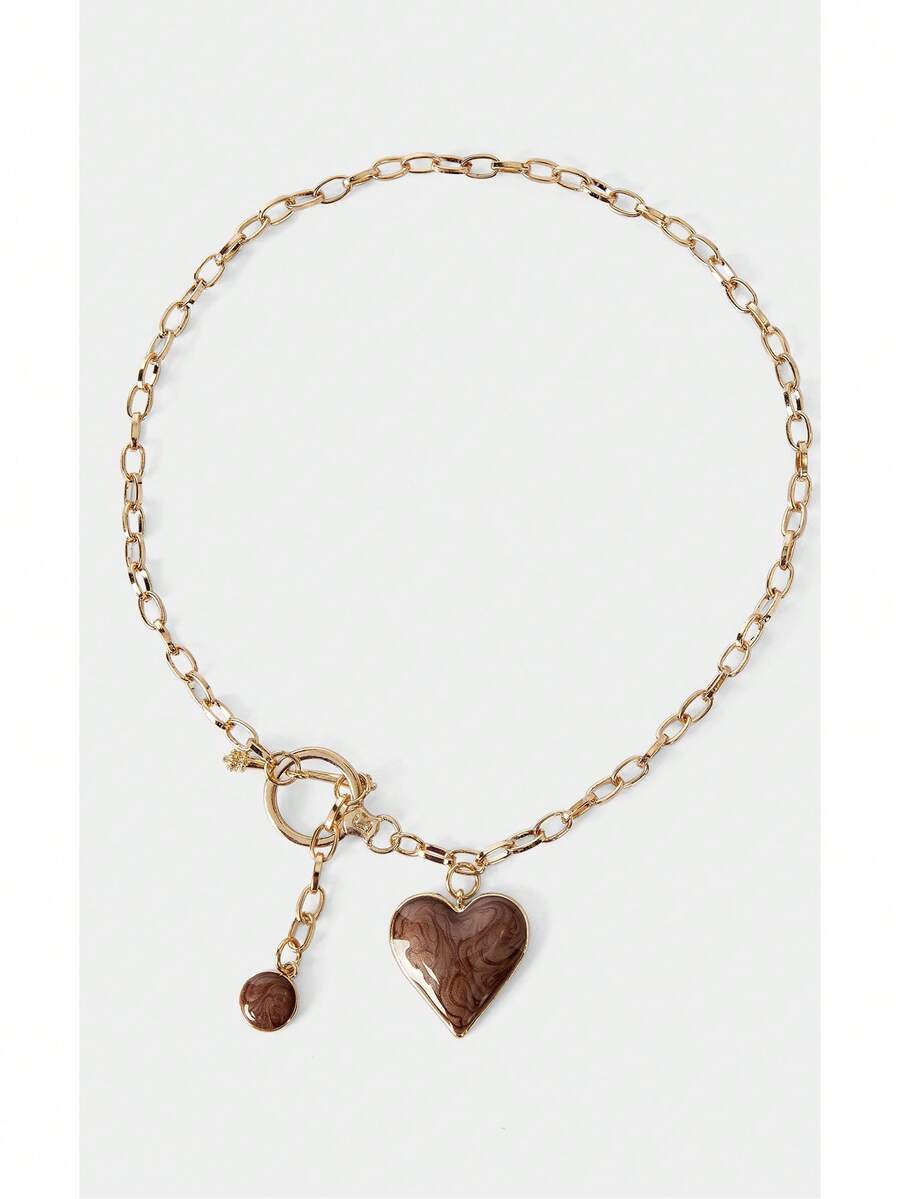 Noxbound 1 pieza Collar con colgante de corazón rojo en forma de tambor recubierto de aleación 3D y gota de agua dorada de moda - Café integral - Ver 1