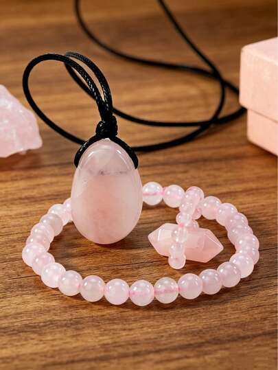 3PCS Elegant Pink Crystal Necklace, Earrings & Ring Set, Energy Healing Natural Stone Jewelry, Beach Vacation & Date Accessories, Valentine's Day Gift