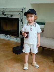 Young BoyFashionable Casual Cute Set, Plaid Collar Polo Shirt + Matching Simple Shorts - White - View 2