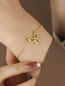 VJS Pulsera y tobillera de acero inoxidable 304, cadena de lazo 3D de moda exquisita, joyería elegante y linda para mujer, adecuada para uso diario y como regalo - Amarillo Oro - Ver 3