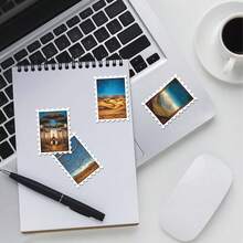 36pcs Mountain Lake Rural Cabin Stickers Pack | Aesthetic Vintage Golden Blue Starry Sky Classical Oil Painting Landscape Graphics | Vinyl For Journaling & Scrapbooking - Rectangle - View 8