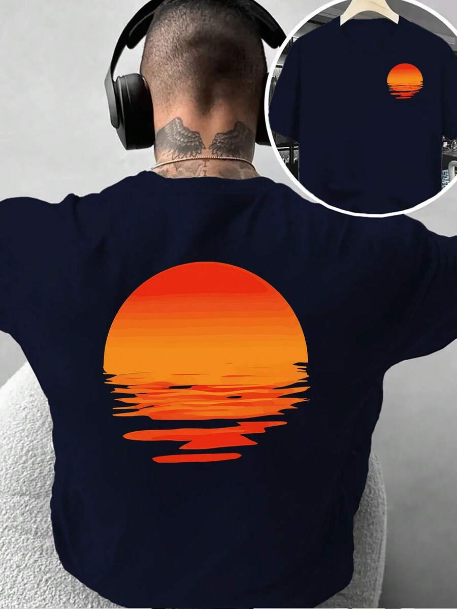 Camiseta de moda para hombre con estampado creativo de doble cara, estampado de puesta de sol, mangas cortas, estilo artístico, fresca y llamativa, adecuada para uso casual en casa y activid - Blanco - Ver 1
