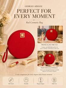 Giorgio Armani Bolsa de maquillaje roja Armani con exquisita correa de mano, diseño redondeado de gran capacidad, puede almacenar artículos de maquillaje y cuidado de la piel, cierre de cremallera suave, almacenamiento diario - Rojo - Ver 9