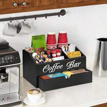 Coffee Bar Organizer With Drawer, Capsule Holder, And Storage Baskets A Countertop Coffee Station Organizer That Serves As A Storage Solution For Both Coffee Capsules And Tea Bags, Featuring A Rustic-Style Design Perfect For Bar Counter Decor. - View 6