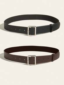 2pcs/Set Ladies' Brown & Black Leather Waist Belt With Silver Tone Square Buckle, Simple Style For Daily Wear Casual Fall, Autumn, Halloween - Multicolor - View 2