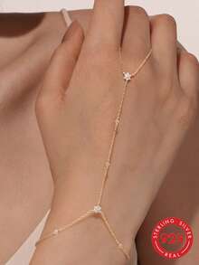 SereneSpark 1 pieza Anillo-pulsera de cadena de plata de ley 925 con circonita en forma de copo de nieve exquisito, joyería fina adecuada para bodas, fiestas, regalos, viajes y otras ocasiones - Dorado - Ver 1