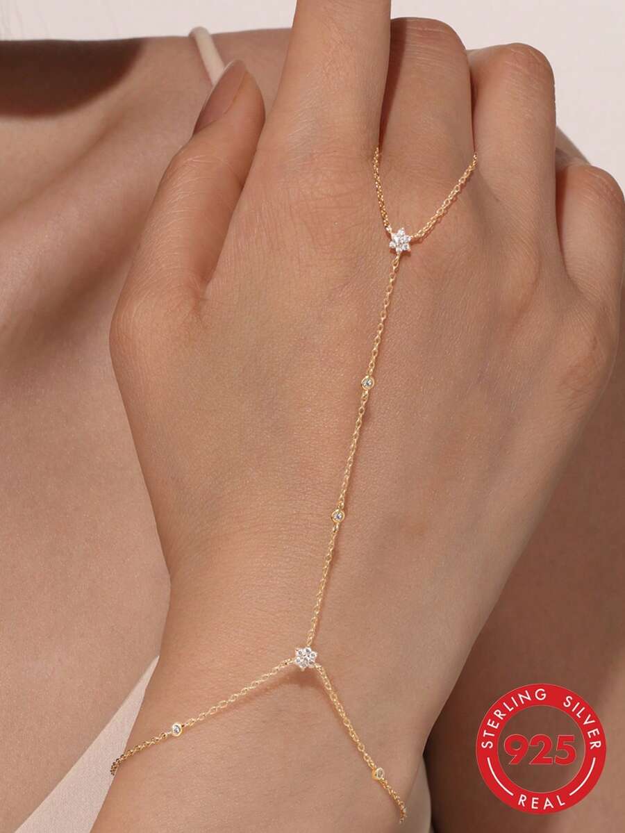 SereneSpark 1 pieza Anillo-pulsera de cadena de plata de ley 925 con circonita en forma de copo de nieve exquisito, joyería fina adecuada para bodas, fiestas, regalos, viajes y otras ocasiones - Dorado - Ver 1