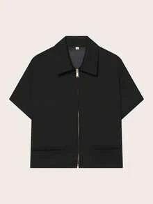 Blusa de manga corta con cuello polo de unicolor, negro para primavera/verano - Negro - Ver 2