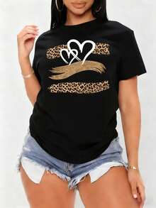 Men's Fashion Explosion Short Sleeves. Casual Summer T-Shirt For Women With Vintage Leopard Print And Heart Design, Round Neck, Short Sleeves, For Everyday Wear. - 黑色 - 查看 1