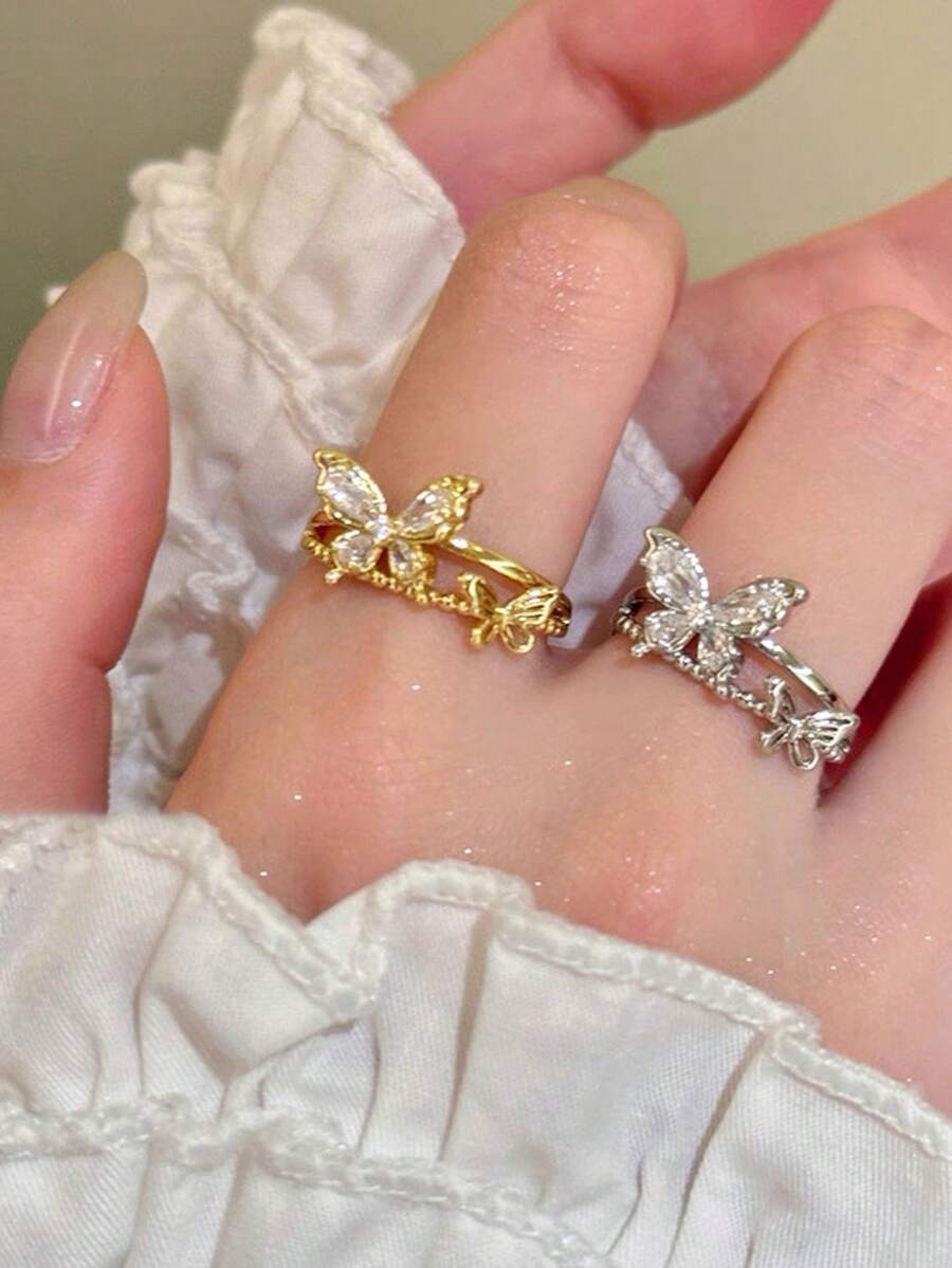 夏季新款時尚清新仙女甜美水鑽蝴蝶開口戒指 個性化奢華極簡高級感手指環 - 彩色 - 查看 1
