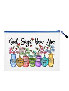 A4 多色時尚網格沙灘包，PVC 化妝包與化妝盒，印有「God Says You Are」花卉圖案，沙灘主題。大容量透明化妝包，尼龍拉鍊盥洗包，輕量，可收納防曬乳、零食、比基尼與沙灘必需品。返校季、教師感謝、教師節禮物。 - 彩色 - 查看 13