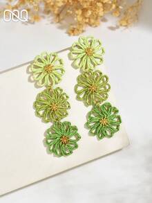 OOQ 1 par de pendientes de rafia tejida a mano con degradado de flores estilo bohemio de vacaciones, diseño de nicho de verano minimalista premium estilo Ins con borlas florales, adecuados para el uso diario de mujeres, vacaciones y fiestas - Verde - Ver 4