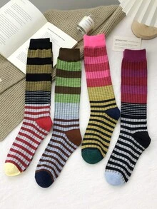 1/4 Pairs Vintage Striped Compression Calf Socks, Women's Fashion Color-Block Long Socks, Slimming Barn Style Y2K Outfit, Pairs With Leather Shoes, Boots, Sandals, Suitable For Various Occasions - Multicolor - View 8