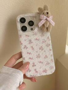 1pc Youthful And Adorable Girl Floral White Classic Full-Coverage Soft Phone Case + Three-Dimensional Pink Lattice Bow Brown Rabbit, Compatible With IPhone 17 Air 16 15 14 13 12 11 Pro Max Plus - Lace Rose - View 3