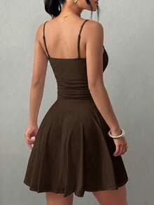Adjustable Shoulder Strap Waist Pleated Ruffle A-Line Mini Dress, Sexy Fashion Versatile Daily Wear, Spring/Summer New Style - Brown - View 3