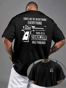 Perforadora inalámbrica, redefiniendo todo: nueva camiseta de cuello redondo para hombre con estampado a doble cara, estilo casual deportivo, moda moderna, corte holgado, camiseta de manga c - Negro - Ver 1