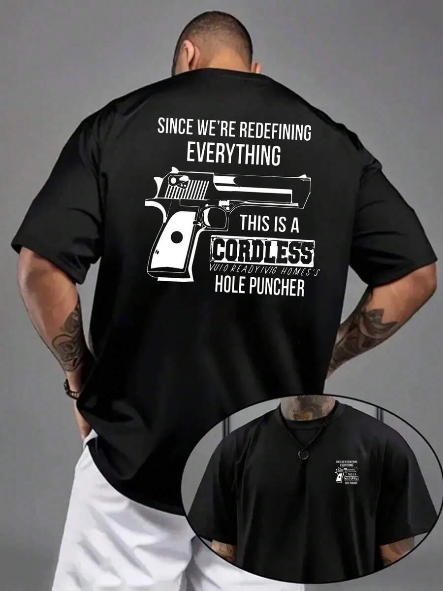 Perforadora inalámbrica, redefiniendo todo: nueva camiseta de cuello redondo para hombre con estampado a doble cara, estilo casual deportivo, moda moderna, corte holgado, camiseta de manga c - Negro - Ver 1