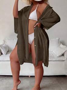 Baju Penutup Liburan Panjang Semi-Transparan Ukuran Besar, Dengan Kerah dan Lengan Sepanjang Pergelangan Tangan. Musim Panas Pantai - Coffee Brown - View 4