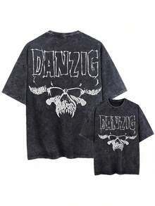 Camiseta unisex vintage lavada de gran tamaño en negro, con estampado de la leyenda DANZIG, calavera, guitarra y amplificador de Bruce. Regalo musical unisex, camiseta de verano suave con es - Negro - Ver 1