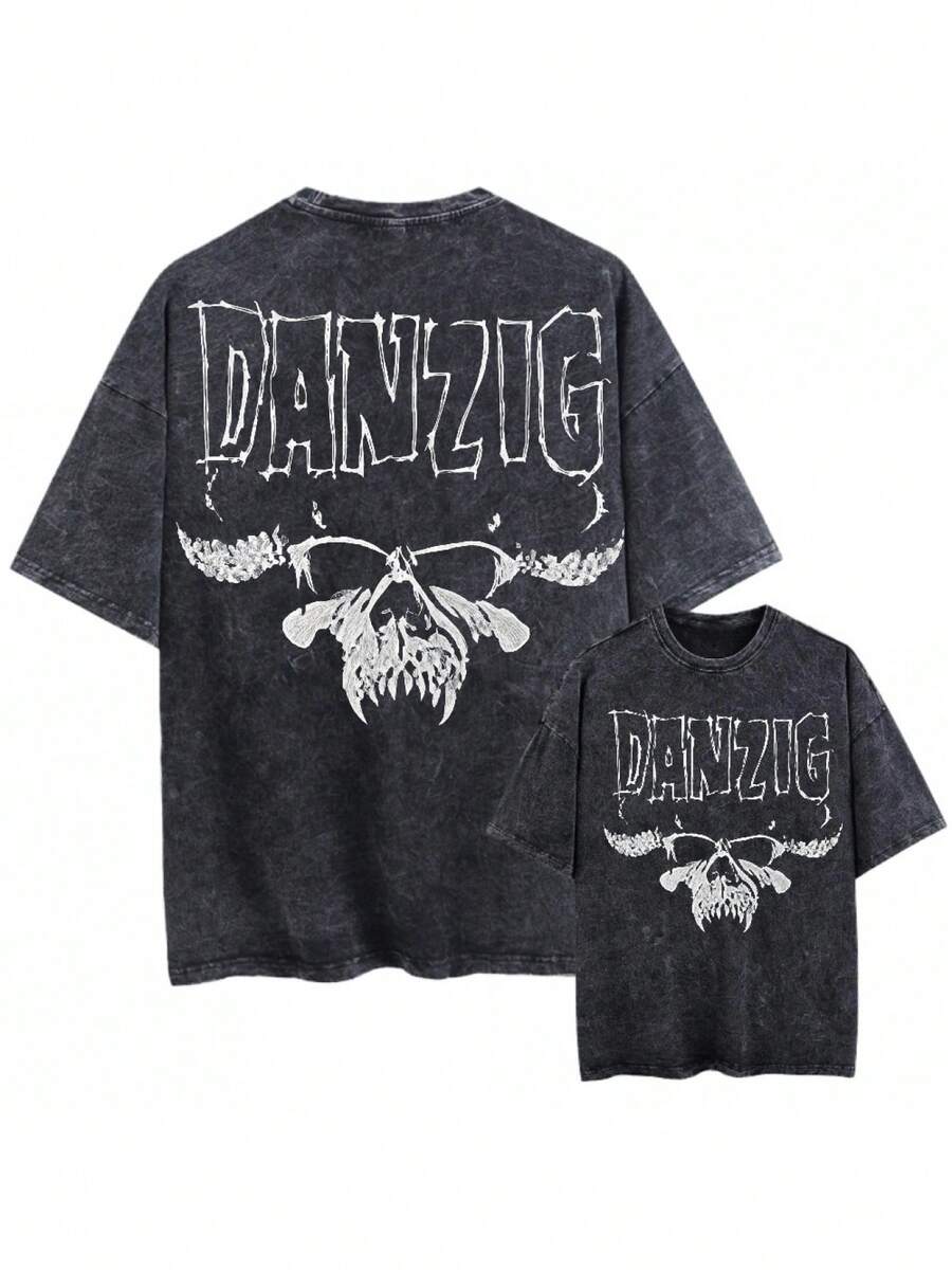 Camiseta unisex vintage lavada de gran tamaño en negro, con estampado de la leyenda DANZIG, calavera, guitarra y amplificador de Bruce. Regalo musical unisex, camiseta de verano suave con es - Negro - Ver 1
