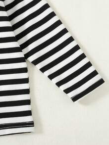 Young Girls School Uniform Autumn 2-Piece Set, New Autumn Fashion Versatile Sweatshirt Knit Striped Casual Cute Embroidered Turn-Down Collar Long Sleeve Pants Set Suitable For Outdoor Wear - Black and White - View 6