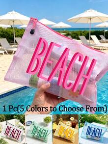 多色網格海灘包印有「Beach」字樣，大容量透明化妝包與尼龍拉鍊盥洗包，輕量設計可收納文件、文具、防曬霜、零食、比基尼、海灘必需品，快乾防沙，適合游泳、海灘、潛水、夏季度假、春夏收納，適用於朋友、家人、閨蜜、同學，生日、節日、派對、婚禮（伴娘）、畢業季，教學包、老師包，完美禮物，適合父親節、日必需品 - 彩色 - 查看 2