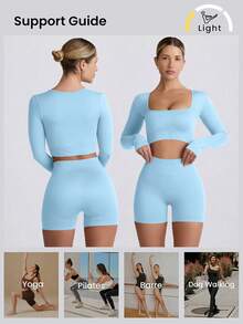 VVX Women's Seamless Sports Yoga Set Long-Sleeved Shorts Thumbholes Slim High-Waist Tummy Control Sports Set - 天藍色 - 查看 3