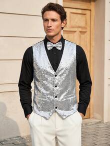 Officeau 1 pieza Chaleco con inserto de lentejuelas y lazo en la espalda para hombre - Plateado - Ver 1